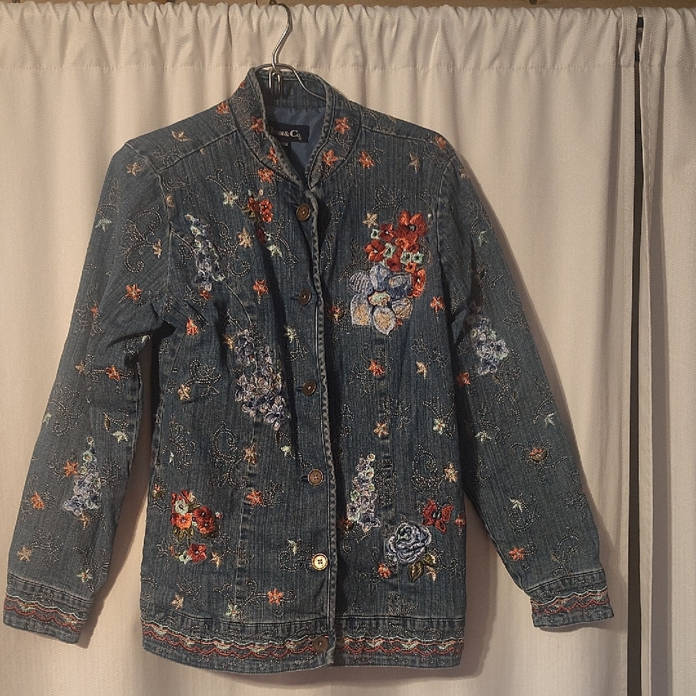 Denim & Co. Floral Embroidered Jean Jacket Size X Small